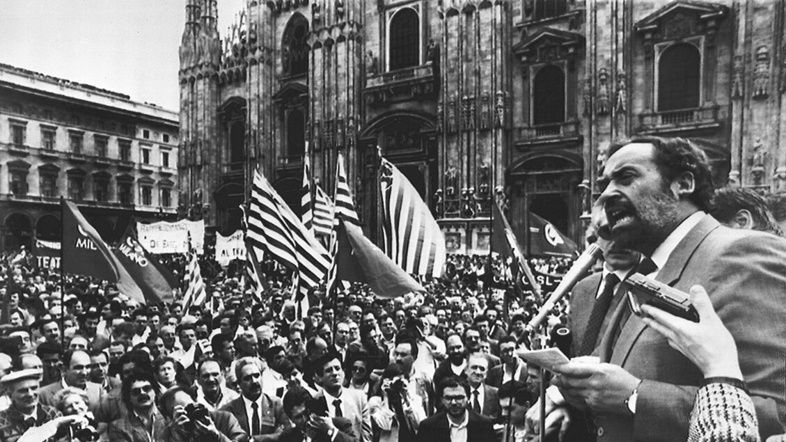 Ottaviano Del Turco durante uno sciopero generale a piazza Duomo, 15 maggio 1989