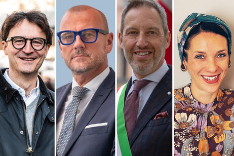 I candidati sindaco di Bolzano e Merano (da sx a dx): Juri Andriollo, Claudio Corrarati, Dario Dal Medico e Katharina Zeller
