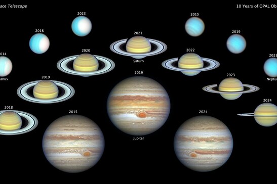 Hubble esamina una volta all'anno i 4 pianeti più esterni del Sistema Solare (fonte:&nbsp;NASA, ESA, A. Simon (NASA-GSFC), M. H. Wong (UC Berkeley), J. DePasquale (STScI))