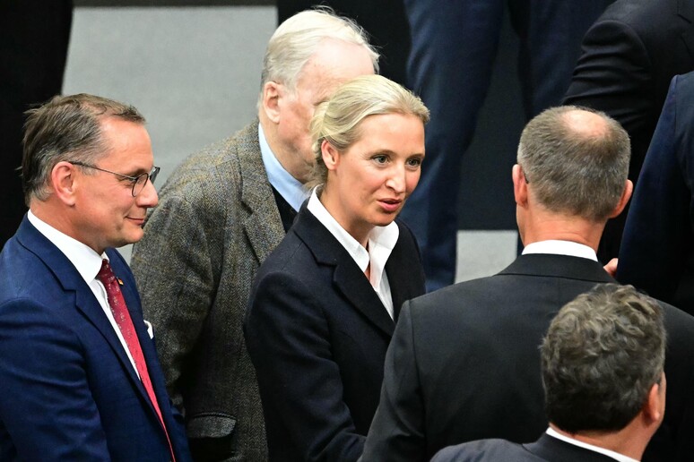 Friedrich Merz (R) is congratulated by co-leader of the far-right Alternative for Germany (AfD) © ANSA/AFP